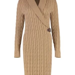 Ralph Lauren Tan Knit Faux Wrap Sweater Dress